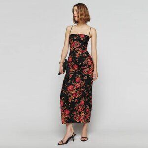Reformation – Frankie Linen Dress in Admire Black Red Floral (WORN ONCE)